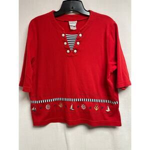 Vintage BonWorth women’s red white blue‎ top anchor sailboat embroidered 
 Large